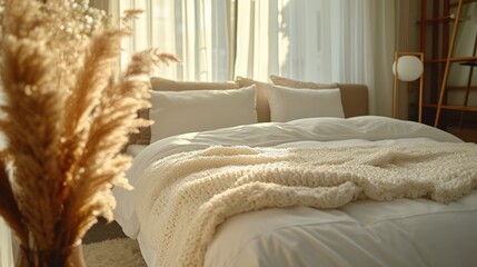Tranquil bedroom with plush bedding and soft lighting, perfect for rest and relaxation