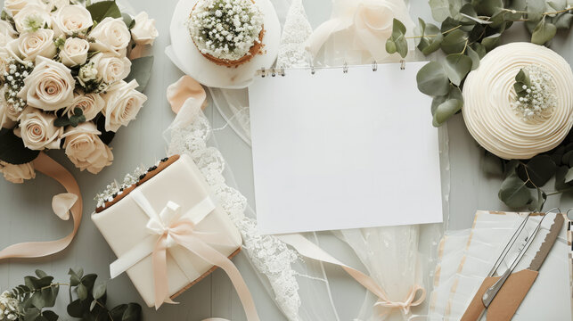 A bride's hands are seen arranging a cake tasting setup with elegant white roses and a wedding planning checklist, capturing the essence of matrimonial preparation..