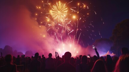 Fototapeta na wymiar Vibrant fireworks illuminating the night sky during a music festival, creating a mesmerizing spectacle