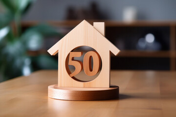 Percentage and house sign symbol icon wooden on wood table. Concepts of home interest, real estate.
