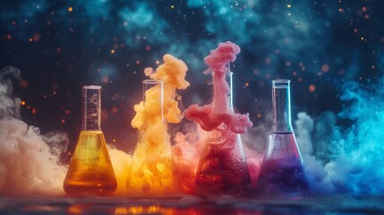 Vibrant chemicals reacting in beakers, showcasing the dynamic beauty of chemistry