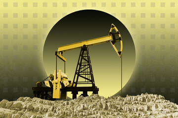 Funky collage with industrial oil rig. Art poster, template concept design or zine cover. Pump Jack.