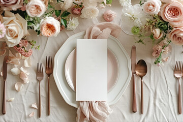An opulent wedding reception table set with a pristine white floral arrangement, fine glassware,...