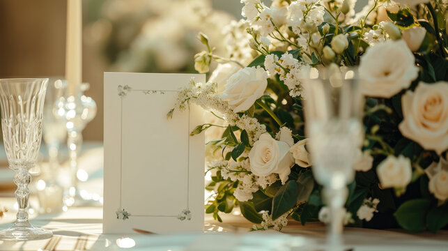 An opulent wedding reception table set with a pristine white floral arrangement, fine glassware, and a sophisticated menu awaiting guests...
