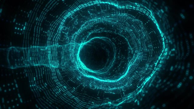 Futuristic wireframe tunnel. Flight forward through corridor. Big data visualization. Network connection structure. 3d rendering. 4k animation.