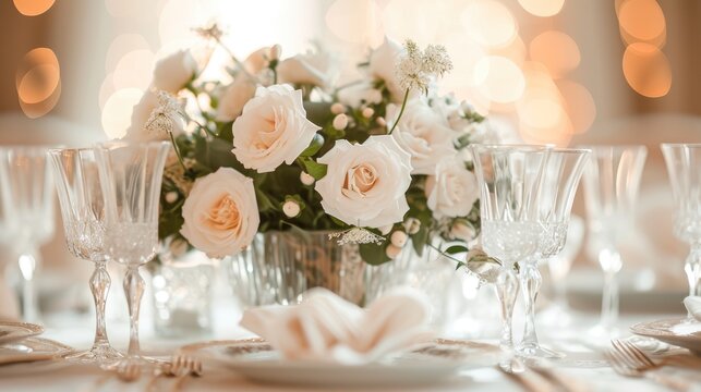 A dreamy wedding table adorned with delicate roses and crystal glassware, bathed in the warm glow of ambient lighting..