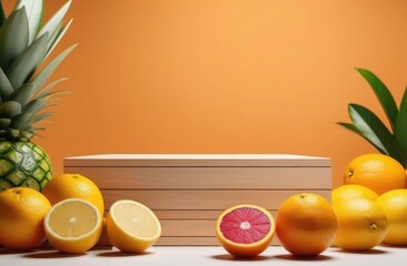 A lot of oranges are lying around a wooden box. A place to advertise the product