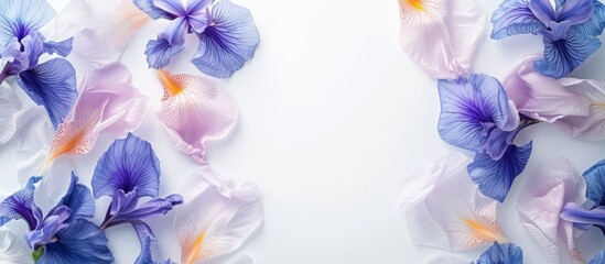 Iris flowers frame composition, copy space. Generative AI