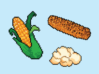 Raw corn, roasted corn, and one piece of pop corn snack. Pixel bit retro game styled vector illustration drawing set collection bundle group. Simple flat cartoon art isolated on blue horizontal ratio.