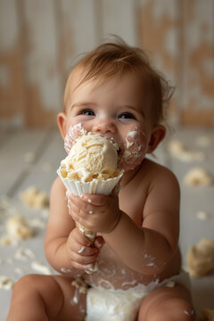 Happy baby eating ice cream in a waffle cone travel outdoors vertical image. A happy and contented child