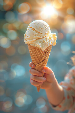Hand baby holding ice cream cone close up vertical image