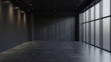 Empty space in black color. Studio room with window