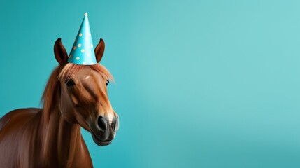 Funny horse with birthday party hat on blue background.