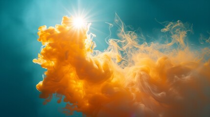 A yellow sunny smoke isolated on a blue background. The smoke looks like a sunbeam, brightening and warming everything it shines on.  - obrazy, fototapety, plakaty