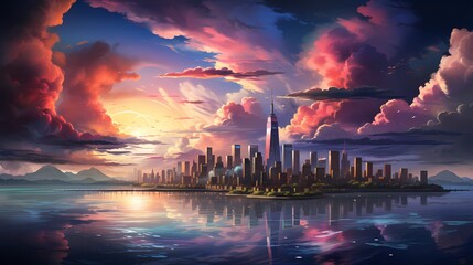 A top view of a vibrant rainbow stretching over a bustling cityscape, with fluffy clouds contrasting against the urban skyline, creating a captivating and colorful panorama - obrazy, fototapety, plakaty