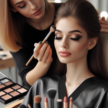 young woman sits in the chair of a makeup artist who does her makeup