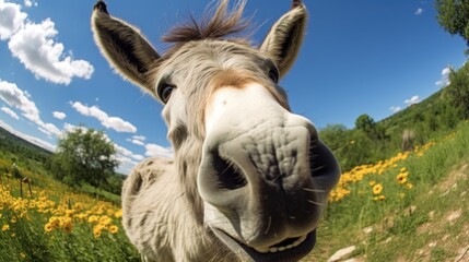 Close-up selfie portrait of a donkey.