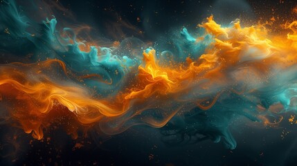 Dynamic swirls of fiery orange, cosmic teal, and glistening gold smoke converging on a pitch-black background, forming a bold and energetic abstract spectacle.  - obrazy, fototapety, plakaty