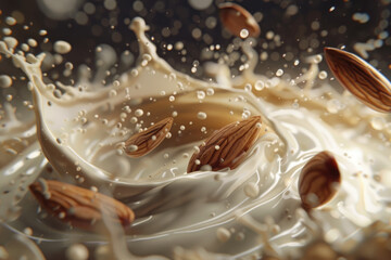 Fresh natural almond milk splash swirl with almonds