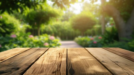 closeup wooden table with a blurred background of green garden backdrop