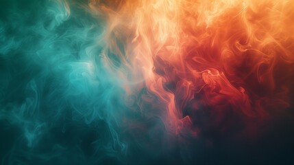 Dynamic wisps of radiant crimson, luminous teal, and cosmic indigo smoke colliding in a lively dance on a deep forest green background, forming a vibrant and energetic abstract spectacle.  - obrazy, fototapety, plakaty