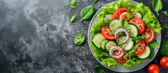Fresh spring salad of cucumbers, tomatoes, red onions and herbs seasoned with sesame seeds. On a dark pastel background, there is space for text