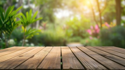 closeup wooden table with a blurred background of green garden backdrop
