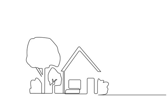 recommend clip art: house building real estate with garden front view tree plant one line art design