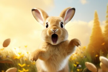 Happy rabbit jumping and having fun.