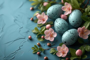 Fototapeta premium Easter eggs, flower, and leaves on a blue background