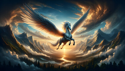 illustration of the mythological creature, Pegasus, soaring through the sky above a breathtaking landscape