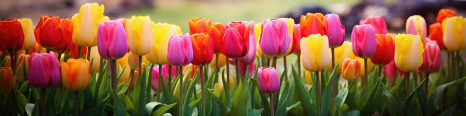 Fototapeta premium Bright tulips in a row bring a burst of color to the garden