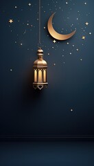 Elegant background for a poster with a Ramadan theme decorated with a lantern and crescent moon, Generative AI