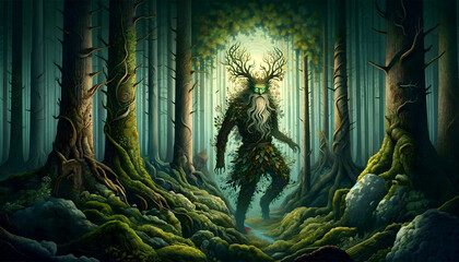 illustration of the mythological creature, the Leshy, in a dense, mystical Slavic forest