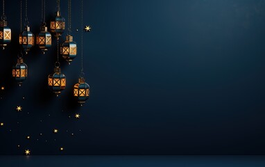 eid al fitr greeting with lanterns on dark blue background, Generative AI