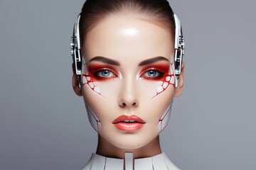 Detailed robot woman portrait in white red colors, futuristic glass eyes, looking at camera
