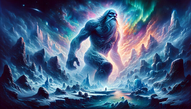 illustration of the mythological giant Ymir, in the primordial landscape of Norse mythology