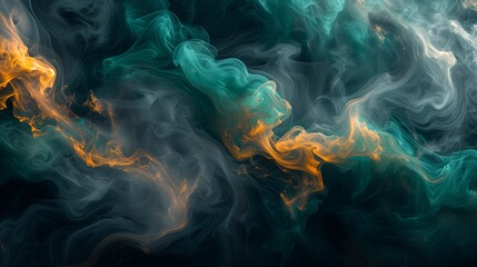 Ethereal tendrils of cerulean, emerald, and goldenrod smoke gracefully dancing against a solid ebony backdrop, creating a captivating abstract display.  - obrazy, fototapety, plakaty