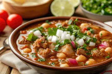 Mexican red pozole rojo soup with pork and vegetables