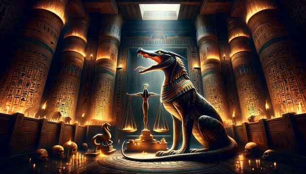 illustration of the mythological creature, Ammit, in a mystical Egyptian setting