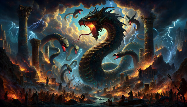 illustration of the mythological creature, Typhon, reimagined as a giant snake, in a dramatic and chaotic scene 