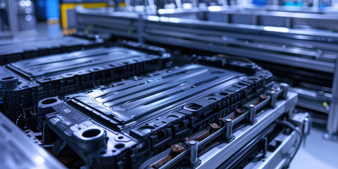 Obraz premium Electric Car Battery Assembly production Line. Automated assembly line producing electric vehicle batteries in a modern factory.