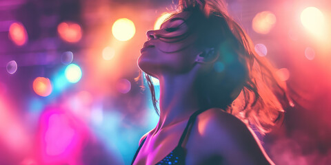 Euphoric Dance Moment at Nightclub. Young woman immersed in dancing, colorful nightclub lights in background.