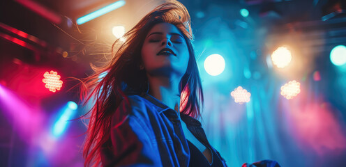 Fototapeta premium Euphoric Dance Moment at Nightclub. Young woman immersed in dancing, colorful nightclub lights in background.