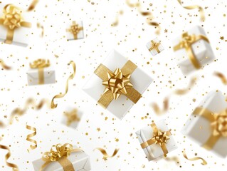Happy New Year and Merry Christmas white gift boxes with golden bows and golden sequin confetti on white background. Gift boxes flying and falling.