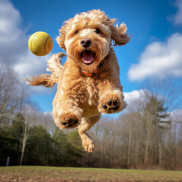 Golden labradoodle jumping to grab a frizbee