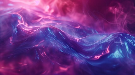 Iridescent ribbons of metallic silver, electric blue, and celestial violet smoke gracefully unfolding against a deep maroon background, creating a luminous and captivating abstract tableau. 