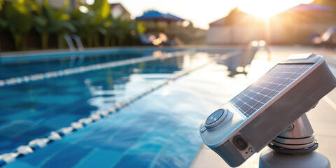 Solar-Powered Pool Pump. Eco-friendly solar panel connected to a pool pump beside a shimmering swimming pool.