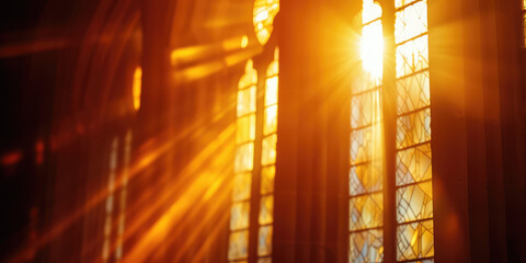 Sunlight Streaming Through Church Window, nobody. Sunbeams filter through a church window, casting a serene glow, neutral background.