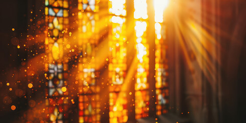 Sunlight Streaming Through Church Window, nobody. Sunbeams filter through a church window, casting a serene glow, neutral background.